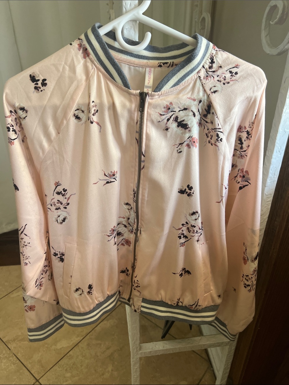 Xhilaration Light Pink Floral Bomber Jacket with Striped Trim
